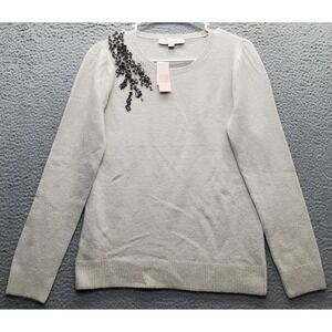 LOFT Knit Sweater Womens Small Tan Crystal-Embellished Wool Blend Round Neck